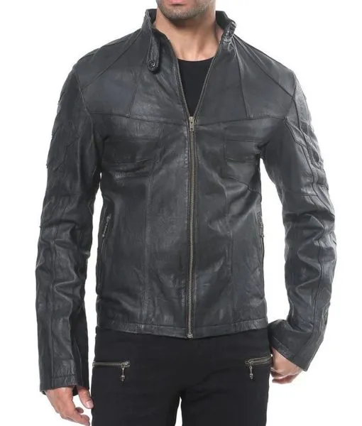 Men’s Front Pockets Designer Black Studded Lambskin Leather Jacket