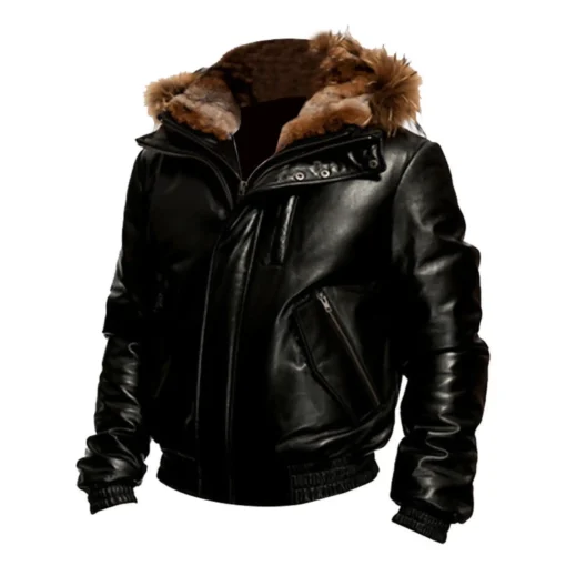 Fur Collar Hooded Bomber Real Sheepskin Leather Jacket For Men